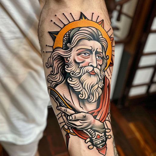 Divine tattoo with sailor motifs, Sailor Jerry style