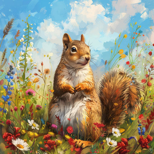 A squirrel in a vibrant spring meadow with wildflowers