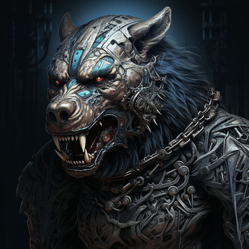 Bear with metal skull and wolf tattoo digital painting style