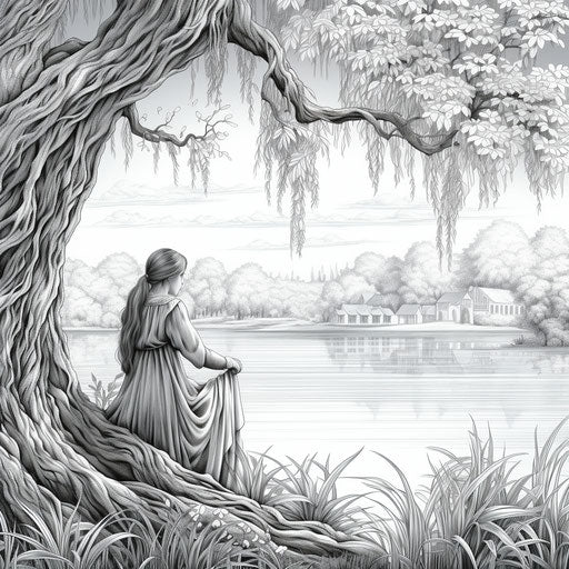 Colorful garden under a weeping willow