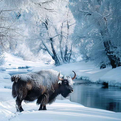 Yak next to a frozen river with snowy trees