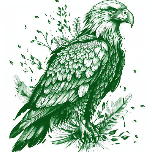 Elegant sketch of a Mexican eagle perched, intricate feather details in deep green