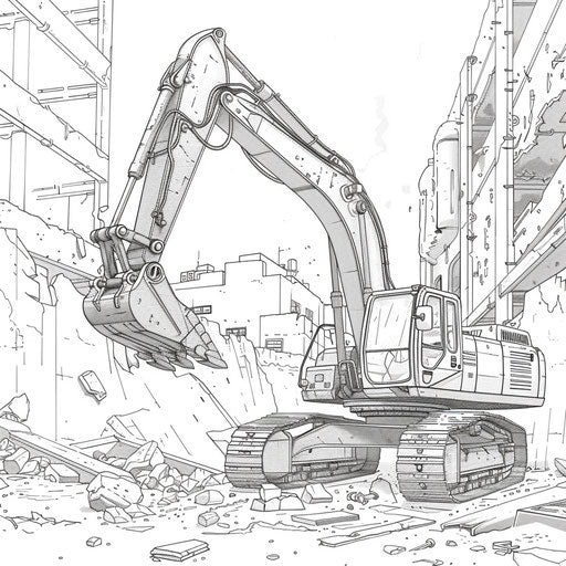 Construction site with excavator and robots in Hideo Kojima style