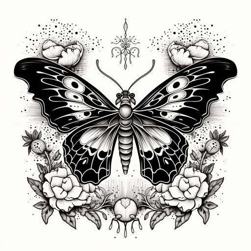 Psychedelic Illustration of Butterfly and Moth in Black and White