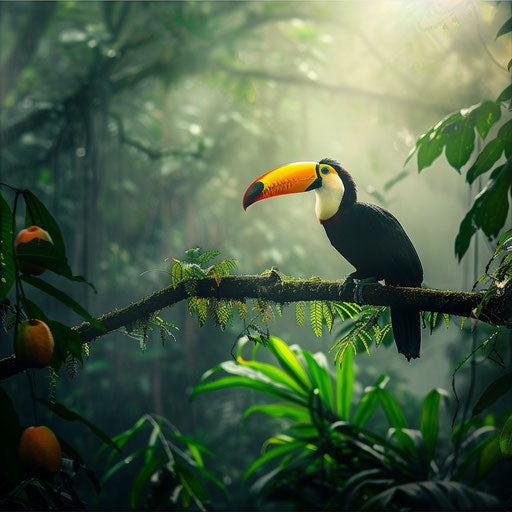 Toucan on a lush branch in the Amazon rainforest