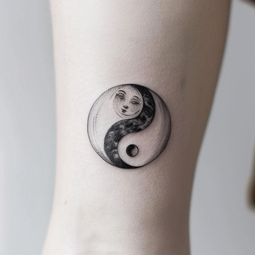 Minimalist yin and yang tattoo in black and white on white