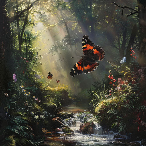 Red admiral butterfly in flight over babbling brook in dense forest