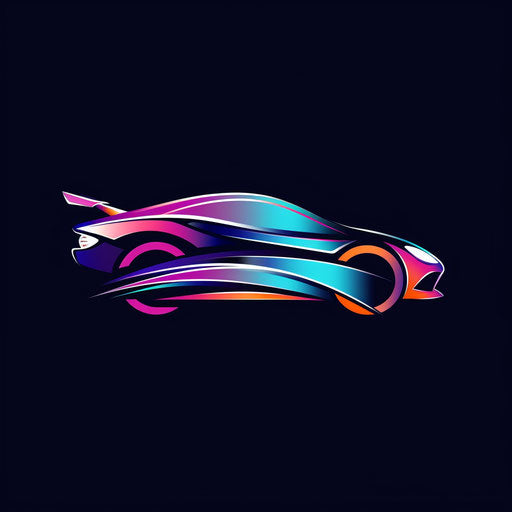 Dynamic car logo with motion-inspired shapes and vibrant colors, on a black background