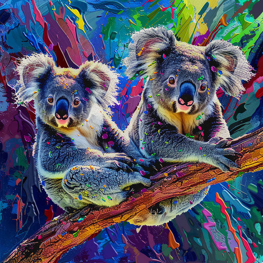 Two playful koalas on the edge of a branch, vibrant background