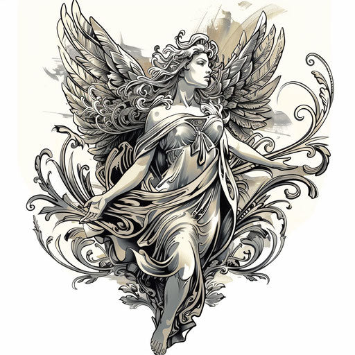 Guardian angel tattoo with Art Nouveau influences