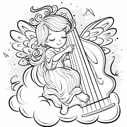 Angel playing harp on fluffy cloud