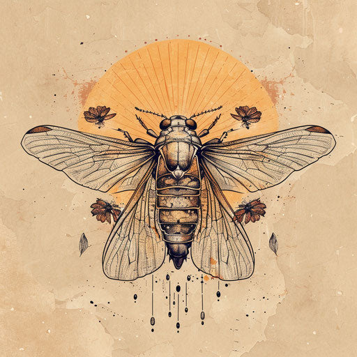 Rustic cicada tattoo sketch with earth tones and natural textures