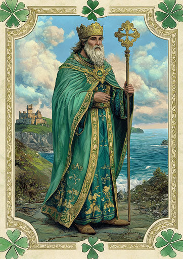 Saint Patrick's Day card, full-body portrait of Saint Brynach in green and blue robes with gold accents, holding his staff by the sea