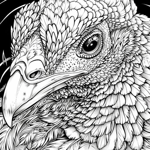 Detailed face and feathers of a turkey. Coloring book page
