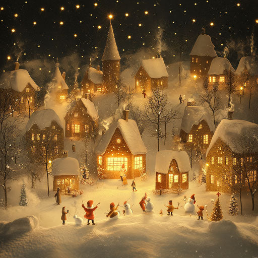 Magical Christmas scene in a snowy village illuminated by golden lights, children playing and building snowmen