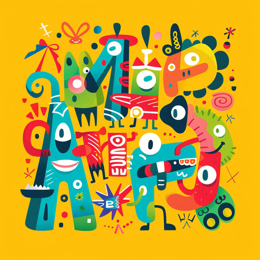 Whimsical characters graphic design logo on yellow background