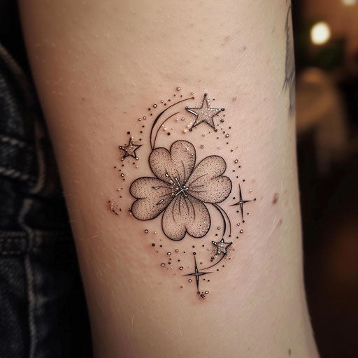 Charming tattoo sketch of a clover surrounded by stars and sparkles