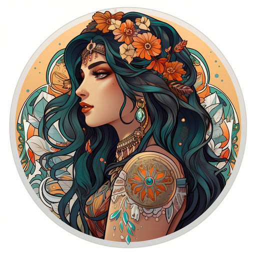 Xanadu girl sticker, neotraditional style, Mesopotamian art, earthy palette