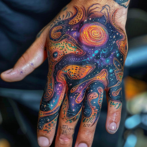 Finger tattoos for men in the style of Guy Aitchison with vibrant cosmic patterns