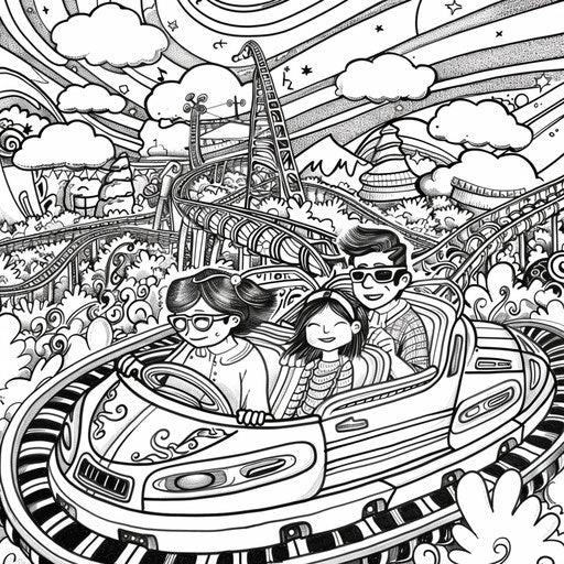 A whimsical scene of best friends on a roller coaster ride. Coloring book page