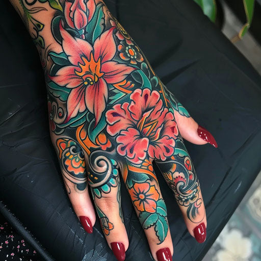 Vibrant traditional hand tattoo for women with floral patterns