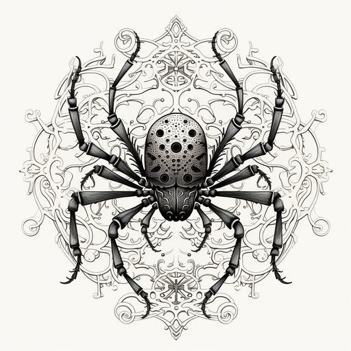 Black and white drawing of a spider, magnified ornamentation style