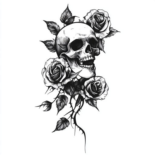 Male thigh tattoo skull and roses in dark ink