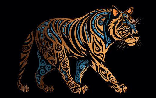 Tribal tiger tattoos, Mary Anning style, Papua New Guinea art, subtle, Lovecraftian, detailed, Mbole art 35:22