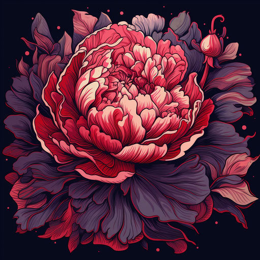 Peony in neo-pop style, sketchy lines, light red and dark purple