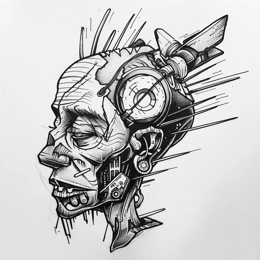 Modern flat tattoo sketch of a shrunken head with sleek futuristic elements