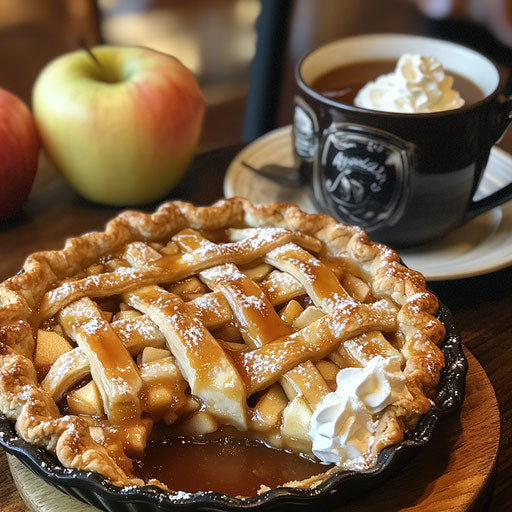 Apple pie with caramel, cream, hot cider