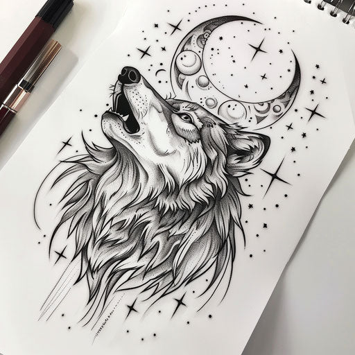 Tattoo design of a wolf howling at a moon with stars