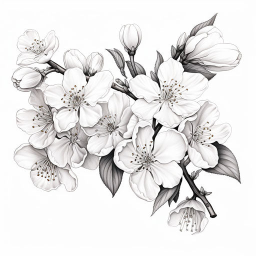 Black and white drawing with flowers on a branch