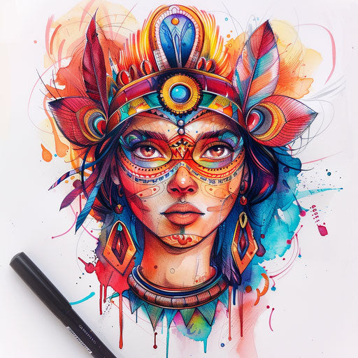 Elegant flat tattoo sketch of a neda with vibrant watercolors
