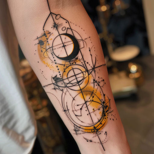 Cursed tattoo alchemical symbol transformation creation gold black white
