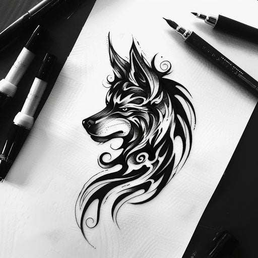 Dynamic flat tattoo sketch of an obsidian wolf in tribal style