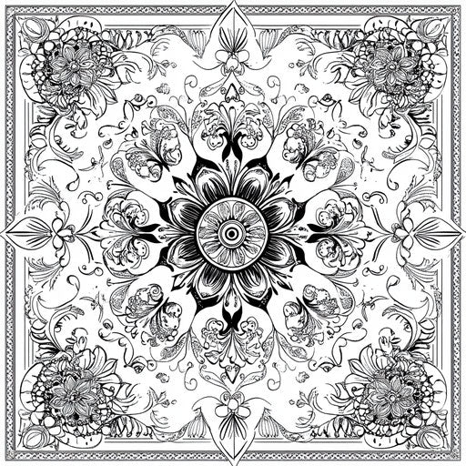 Rangoli design with intricate floral patterns, in the style of Teagan White, coloring book page