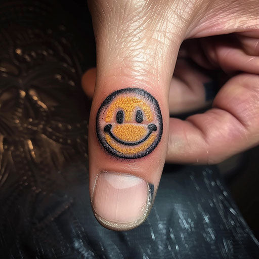 Simple tattoo of a smiling face on the finger