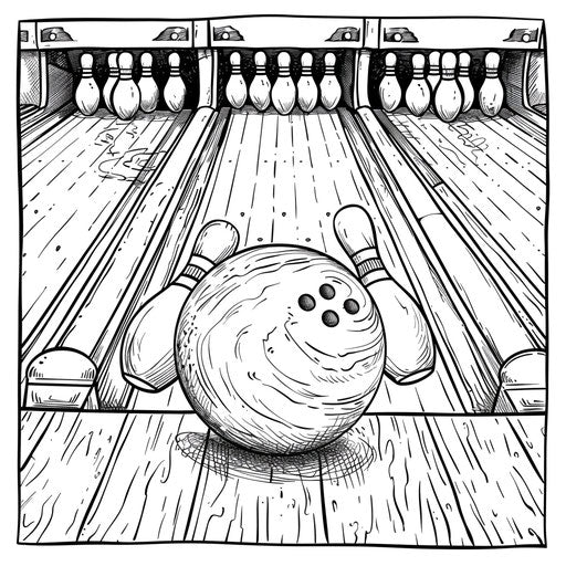 Detailed illustration of a bowling ball striking pins
