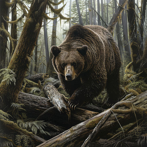 A grizzly bear crossing fallen logs in an old-growth forest