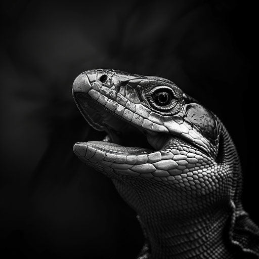 Blue tongue skink in black and white with a dramatic composition in the style of Laurent Baheux