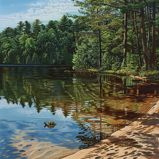 Secluded beach on forest lake, turtle exploring water's edge