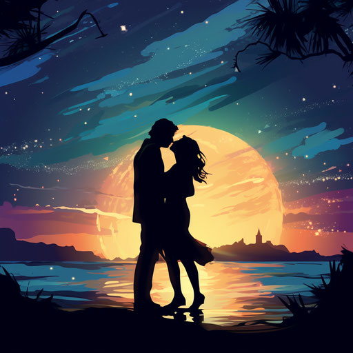 Valentines kissing couple silhouette in moonlit seascape style