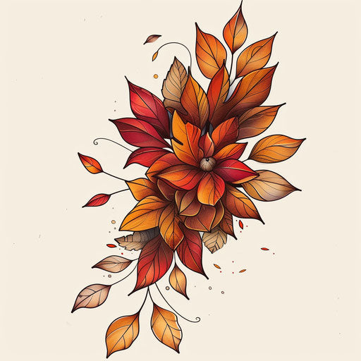 Seasonal flat tattoo sketch with autumn leaves and warm amber