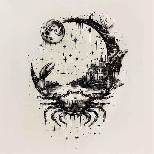 Sketch playful Cancer constellation tattoo with whimsical characters and scenery