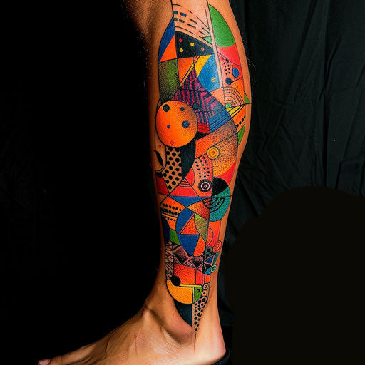 Abstract and colorful leg sleeve tattoo with geometric patterns