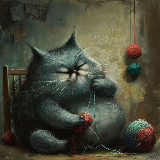 chubby cat playing with yarn