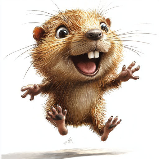 Humorous caricature of a beaver with human characteristics, mid-jump, vibrant colors