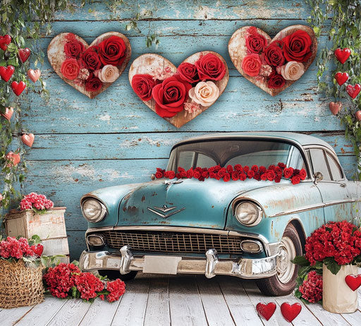 Vintage car with heart-shaped windows and red roses, romantic