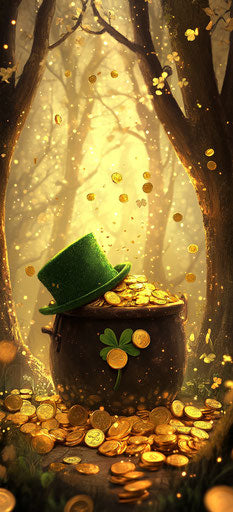 Green hat and pot of gold in an enchanted forest